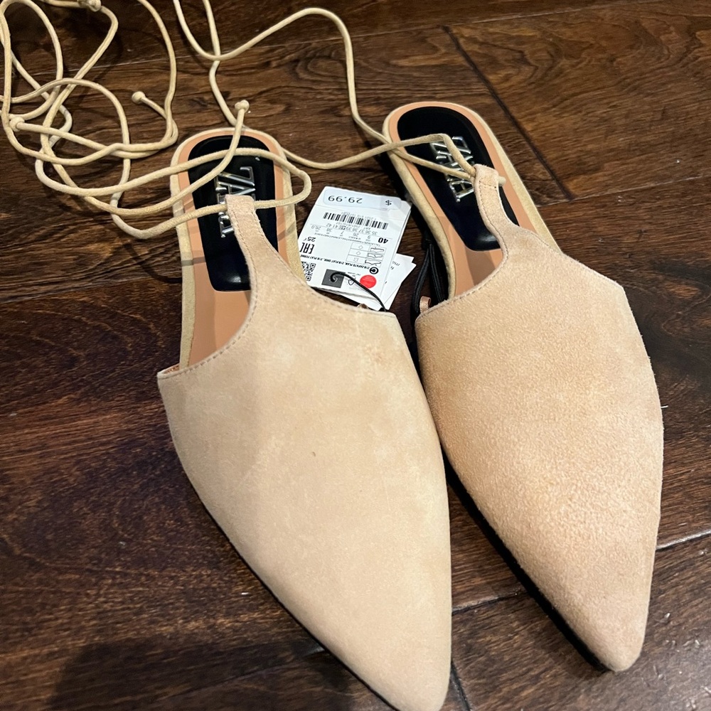 Zara Cream Pointed Mules with ankle wrap laces